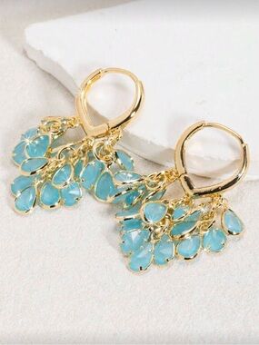 Gold Hoop Earrings with Aqua Teardrop Dangles